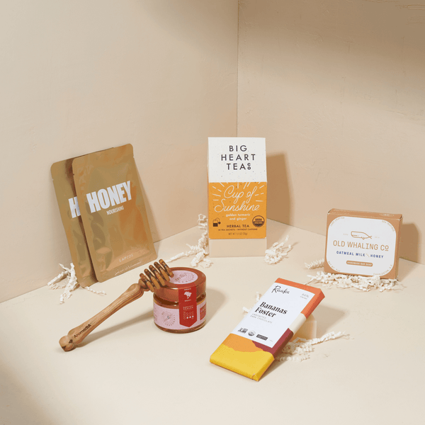 Sunshine cheer up gift box with spiced teas, golden honey, soap, and face mask in a blue Unboxme gift box