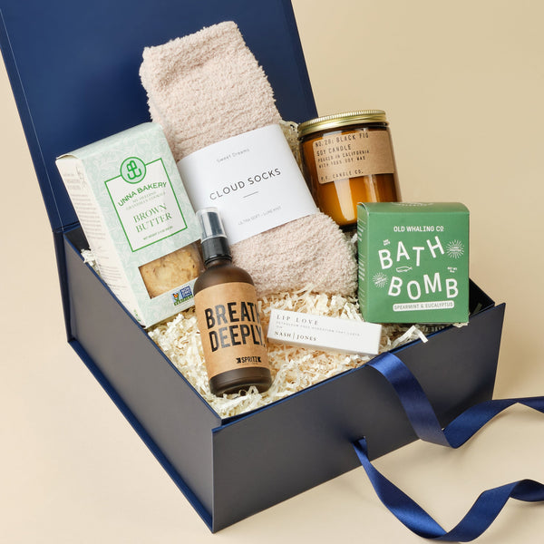 Breathe Deeply relaxation gift box with calming scents, cozy textures, and sweet treats in an Unboxme gift box