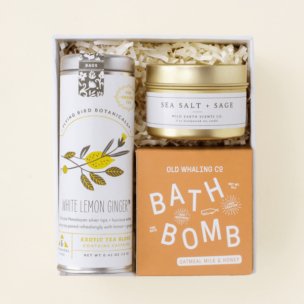 Reset get well gift box with ginger tea, sage candle, and bath essentials in a blue Unboxme gift box