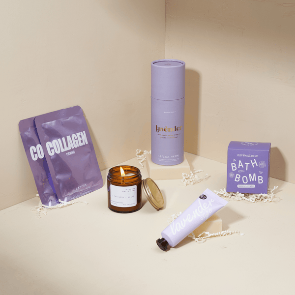 Lavender Dreams self-care gift box with essential oil diffuser, lavender candle, and hand cream in a pink Unboxme gift box