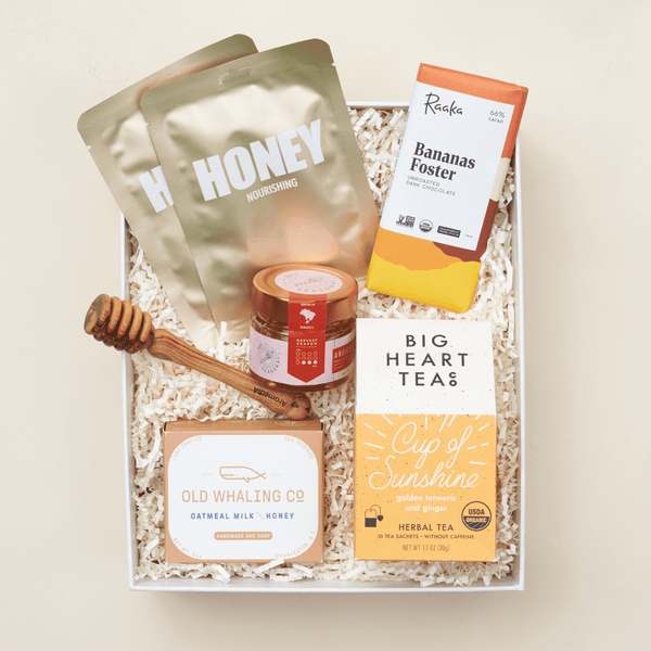 Sunshine cheer up gift box with spiced teas, golden honey, soap, and face mask in a blue Unboxme gift box