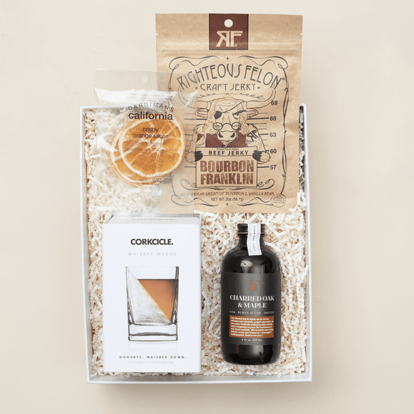 On the Rocks cocktail gift box with old fashioned kit and gourmet snacks in a blue Unboxme gift box